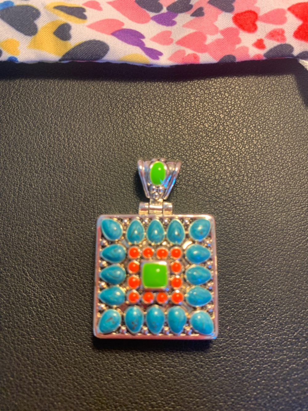 Silver-Tone Square Pendant with Turquoise, Coral and Lime Accents